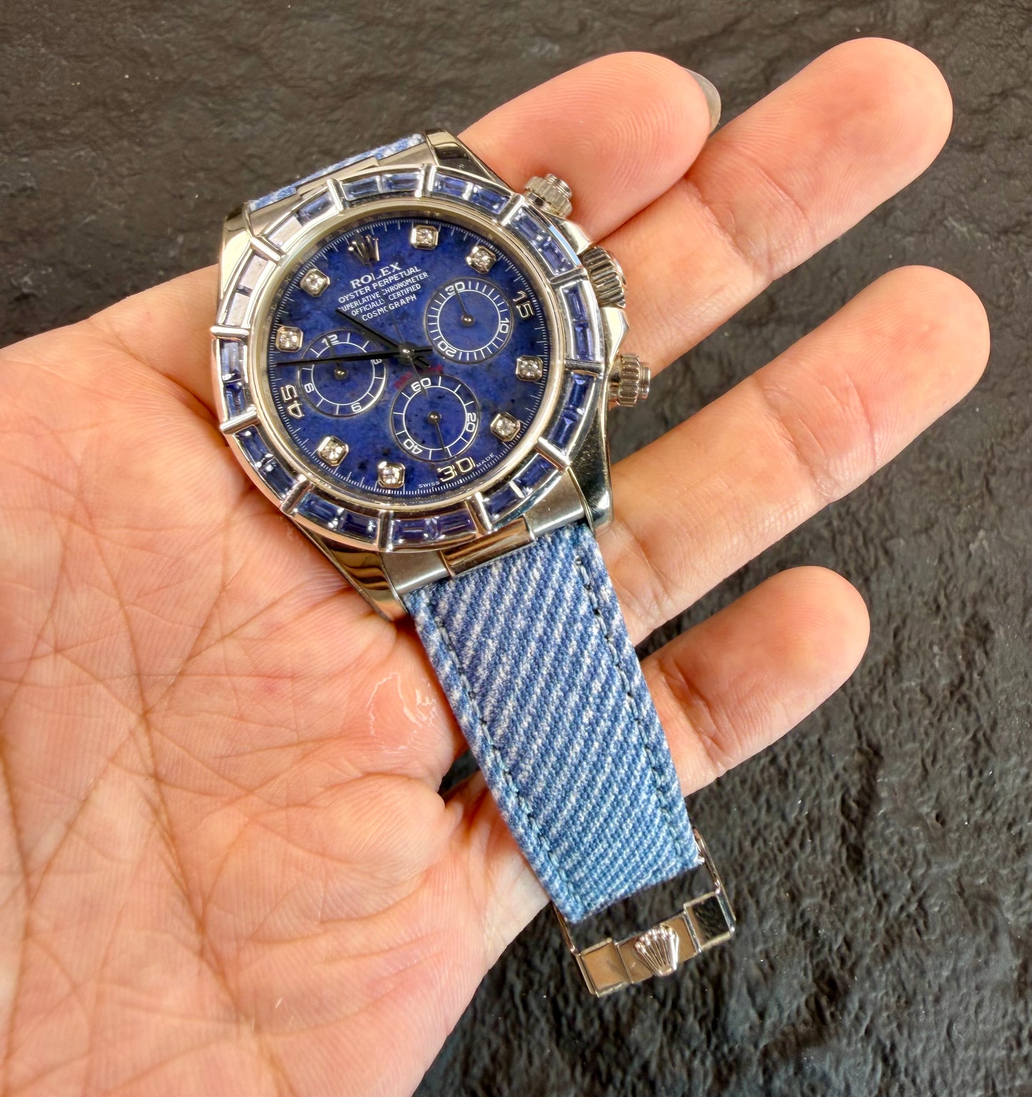 Denim blue leather strap on the Rolex daytona model