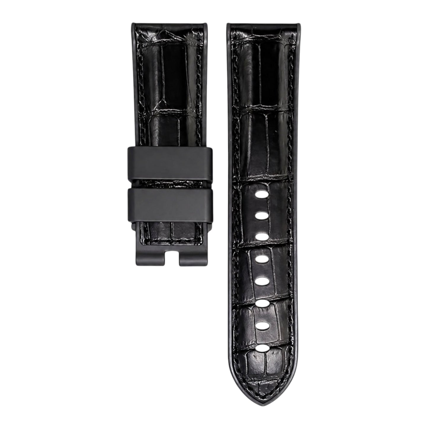 Black alligator strap with black rubber base for the panerai luminor watch model in 44mm