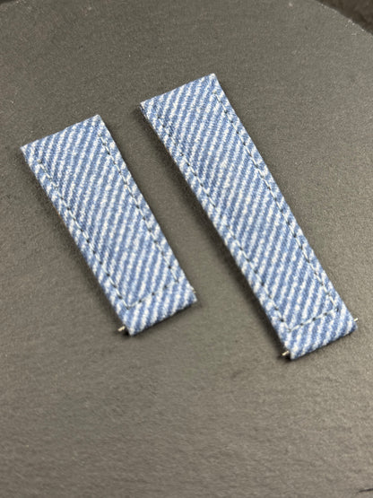 Close up of the blue denim leather strap for the Rolex Daytona, submariner and gmt models 