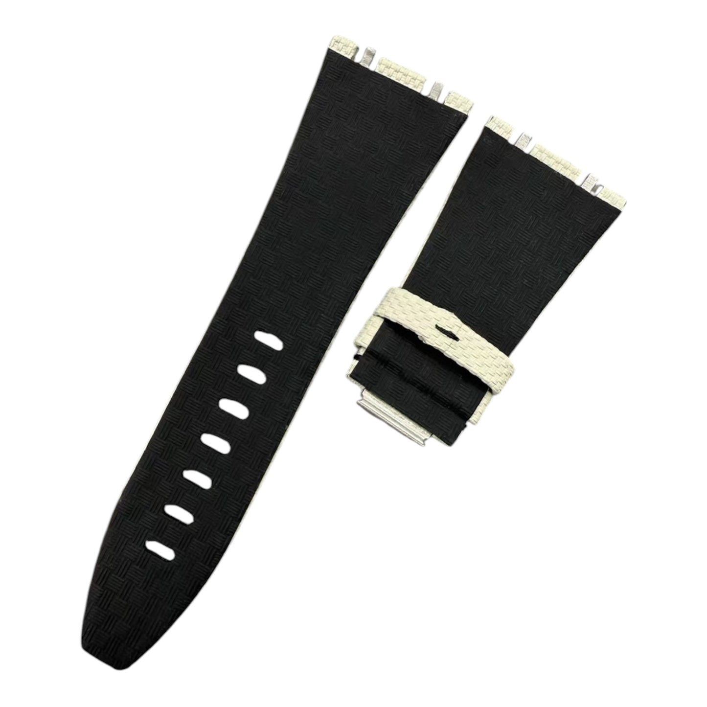 Black watch strap with gold buckle on a white background