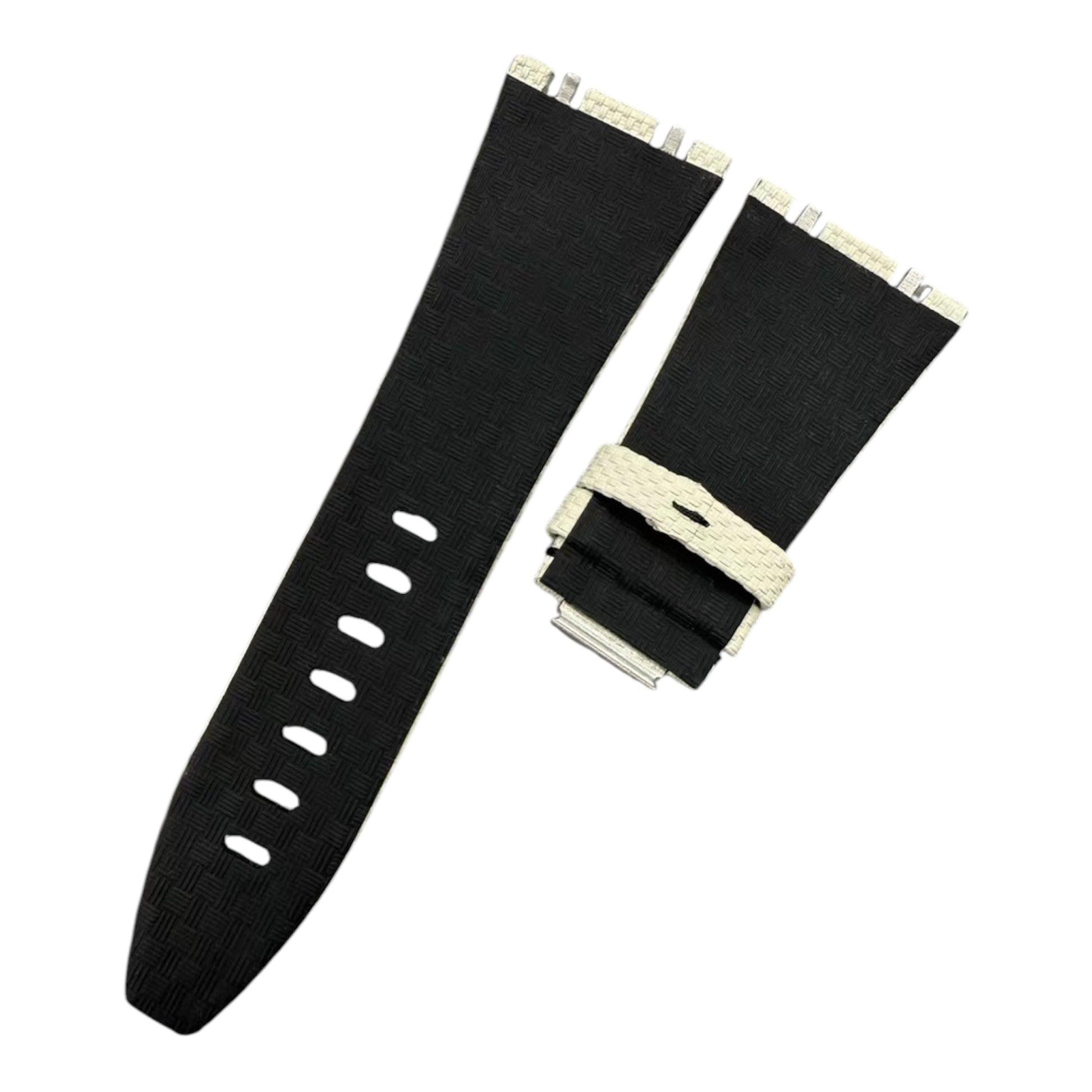 Black watch strap with gold buckle on a white background