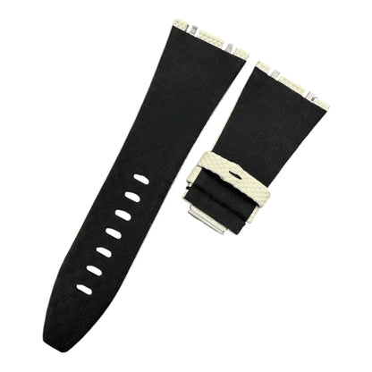 Black watch strap with gold buckle on a white background