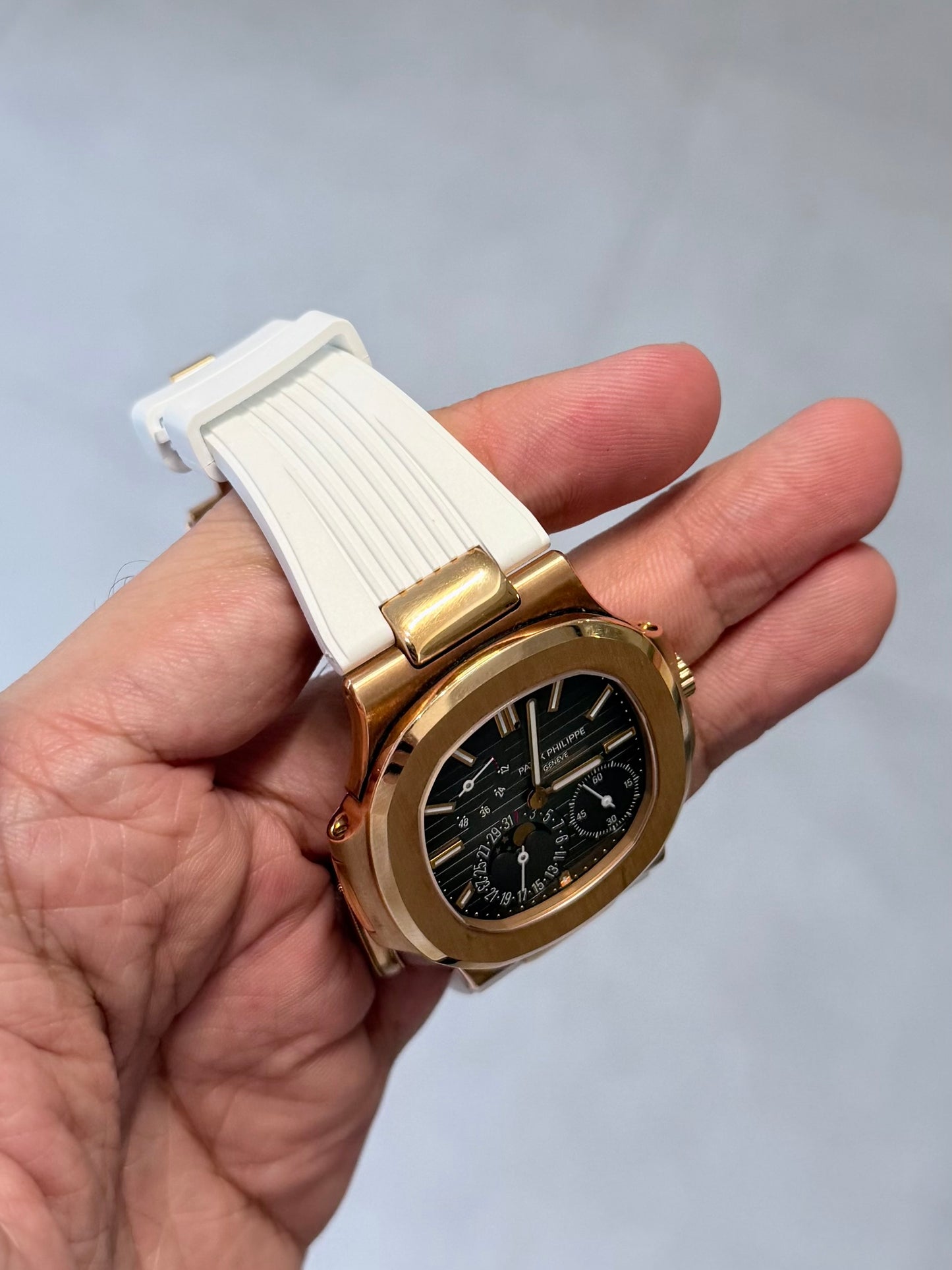 Patek Philippe nautilus 5726 rose gold with Watchstrapco white rubber strap 
