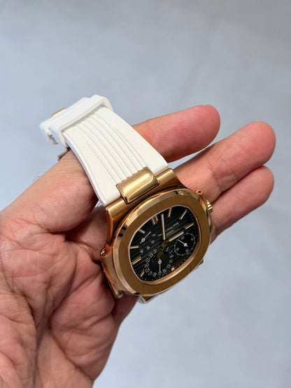 Patek Philippe nautilus 5726 rose gold with Watchstrapco white rubber strap 