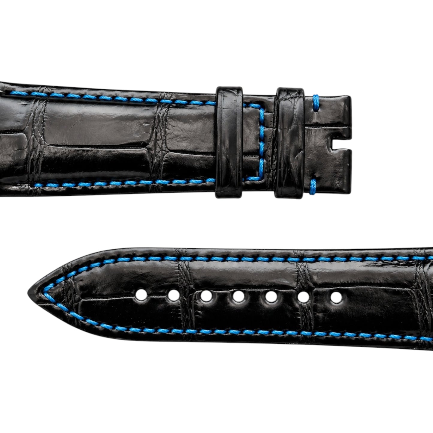 Side view of Black leather strap with light blue stitching for franck muller 8890 and 9900 conquistador model 