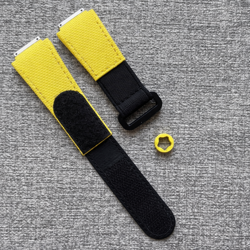 Yellow sailcloth Velcro strap with titanium endlinks for Richard Mille model with matching yellow crown