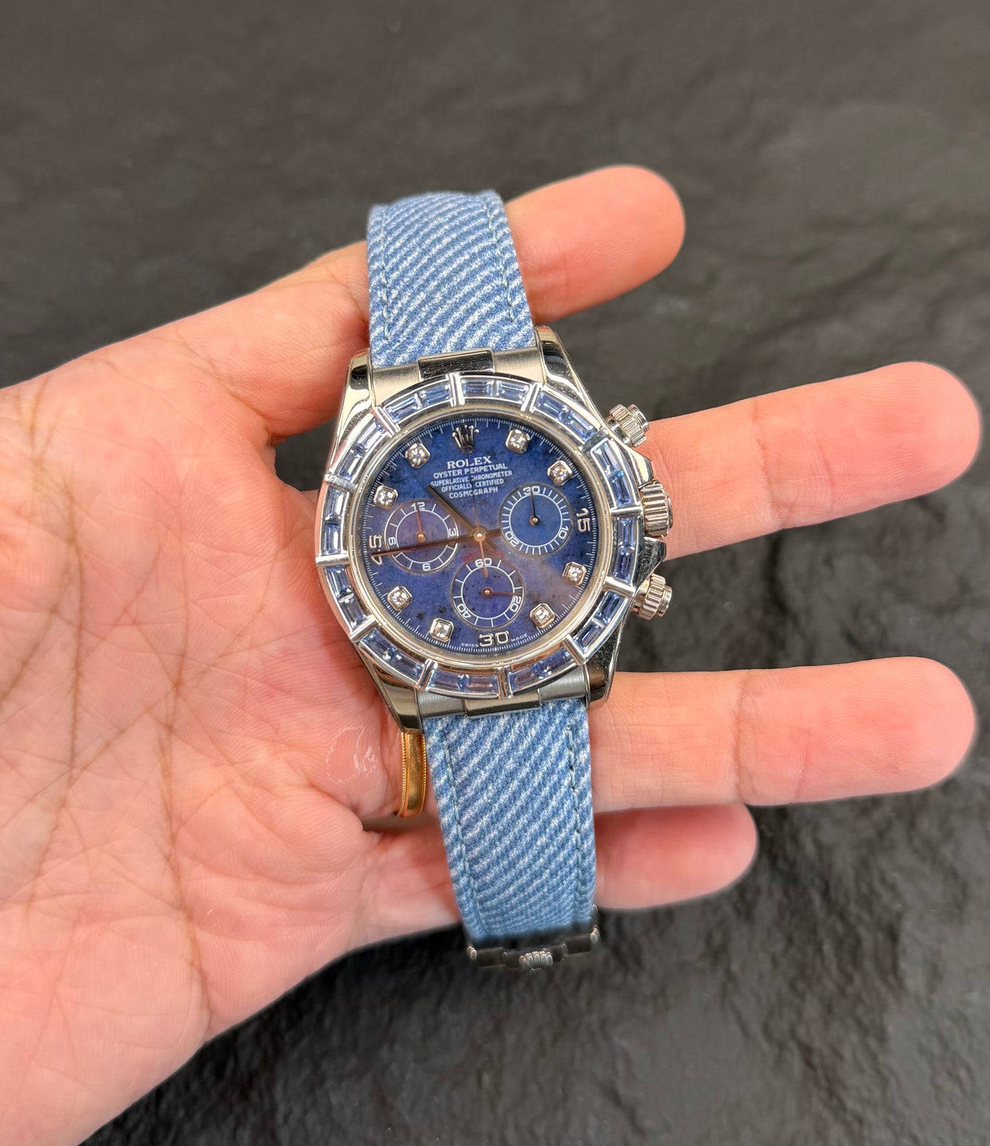 Rolex Daytona on the blue denim Watchstrapco leather strap. 