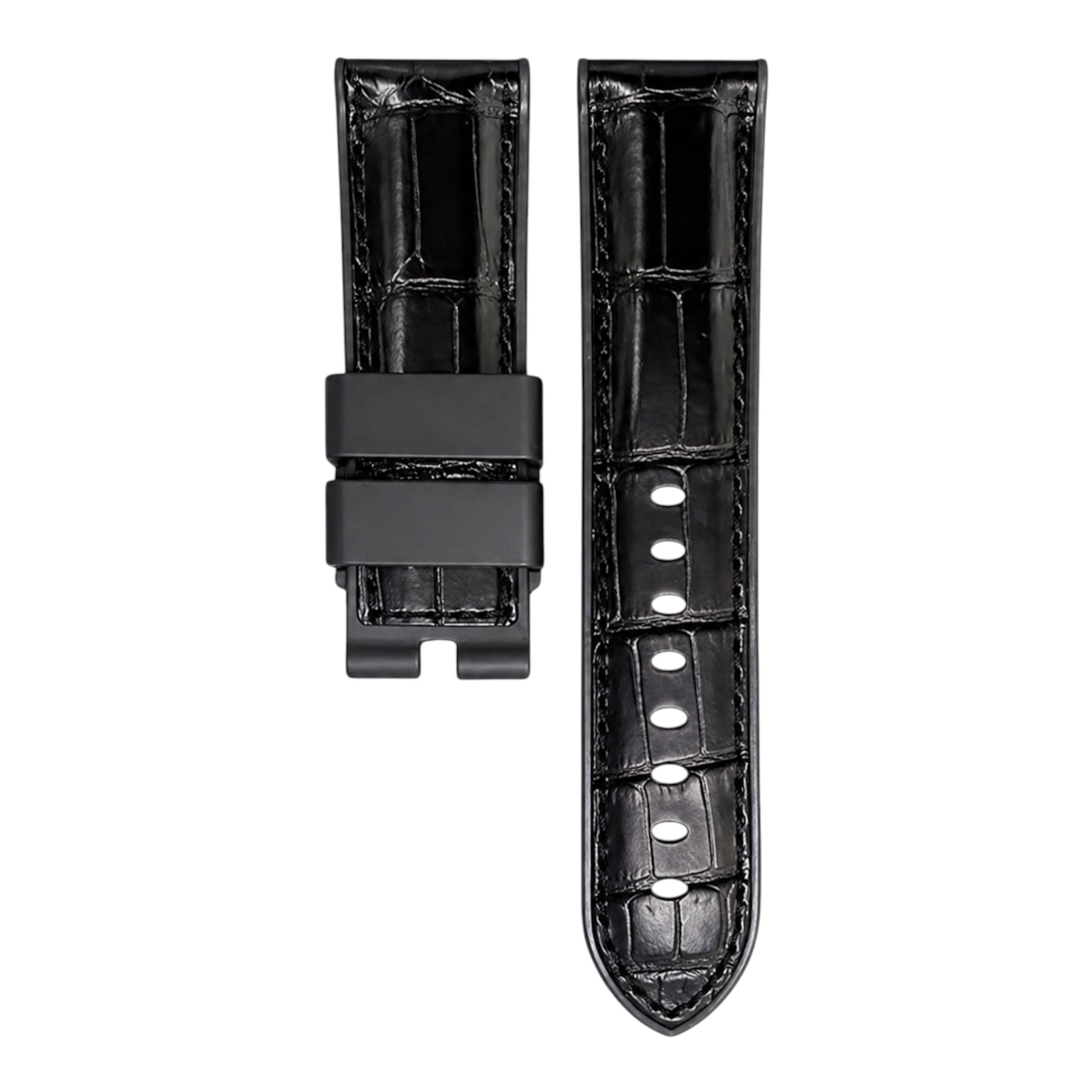 Black alligator strap with black rubber base for the panerai luminor watch model in 44mm 