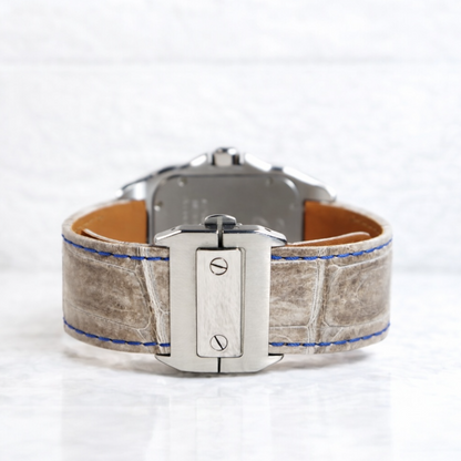 Cartier santos clasp 100 xl on white Himalayan alligator with contrasting blue stitching 