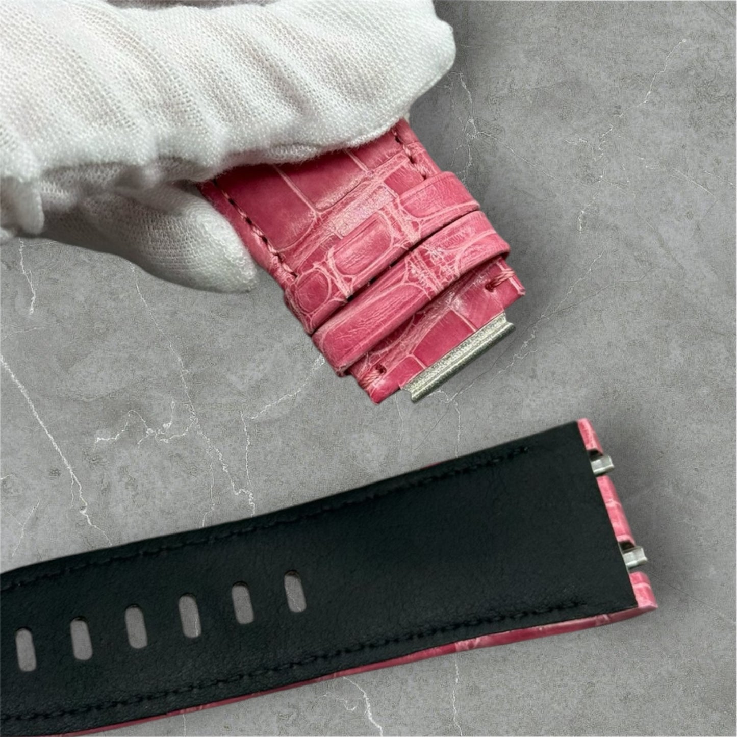 Black leather watch strap with pink for the Audemars Piguet 26420 watch model 
