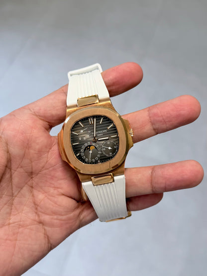 Patek Philippe nautilus 5712 rose gold with Watchstrapco white rubber strap 