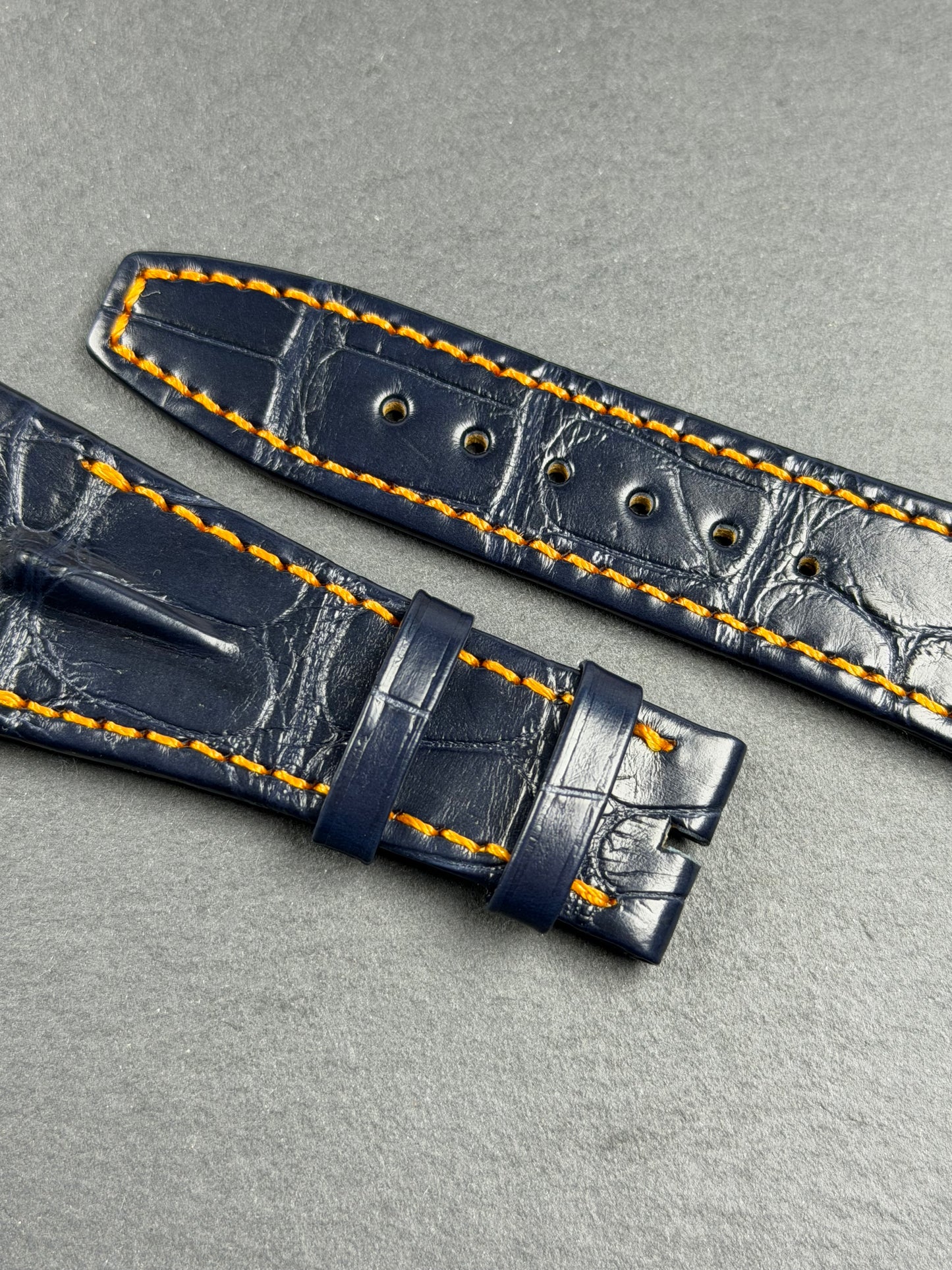 Navy blue alligator strap with orange stitching for Audemars Piguet 