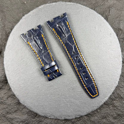 Navy blue alligator strap with hornback and orange stitching for Ap offshore volcano 