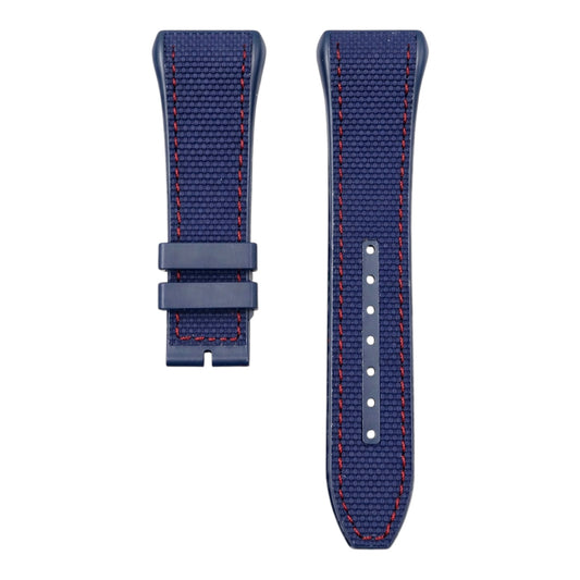 Blue watch strap for Franck muller V45 with red stitching on a white background 