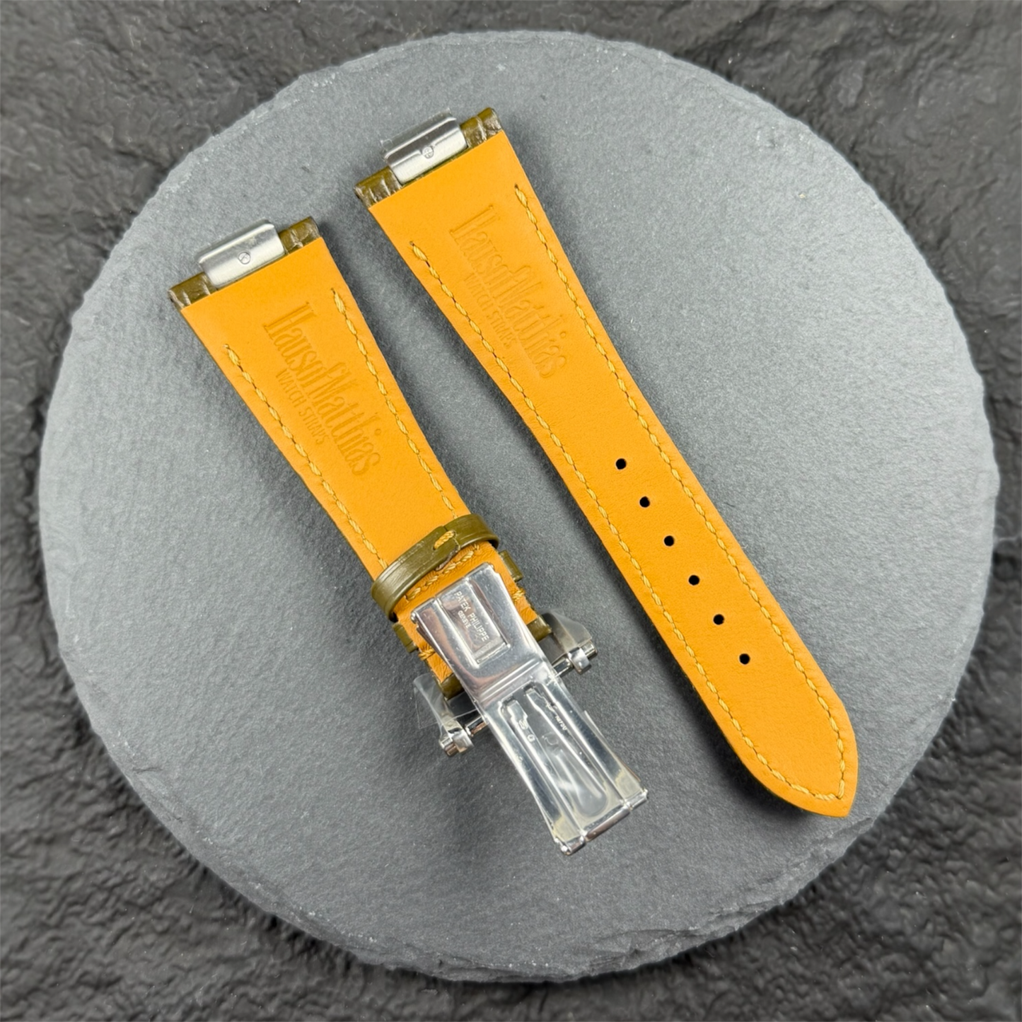 Back view of Army green alligator leather with yellow stitching for Patek Philippe nautilus watch models example 5980 , 5712 , 5711 , 5726 