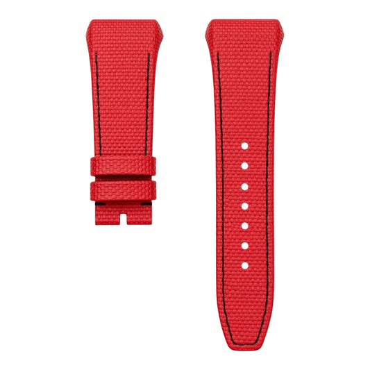 Red v45 watch strap with buckle on a white background