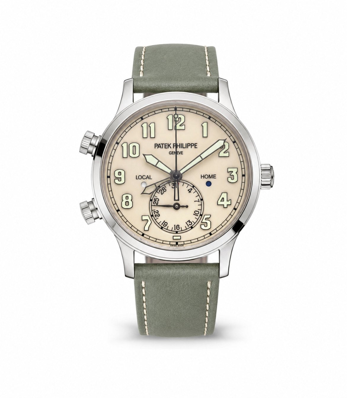 Patek Philippe 5524G Calatrava Pilot Travel Time on sage green leather strap
