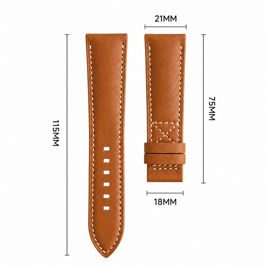 Watch strap sizing diagram showing 21mm lug width, 18mm buckle, 75mm short side, 115mm long side