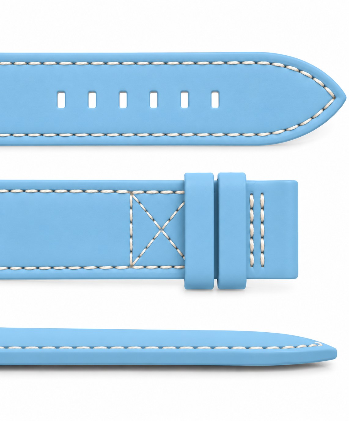 Sky Blue rubber strap showing stitching, keeper loops and adjustment holes