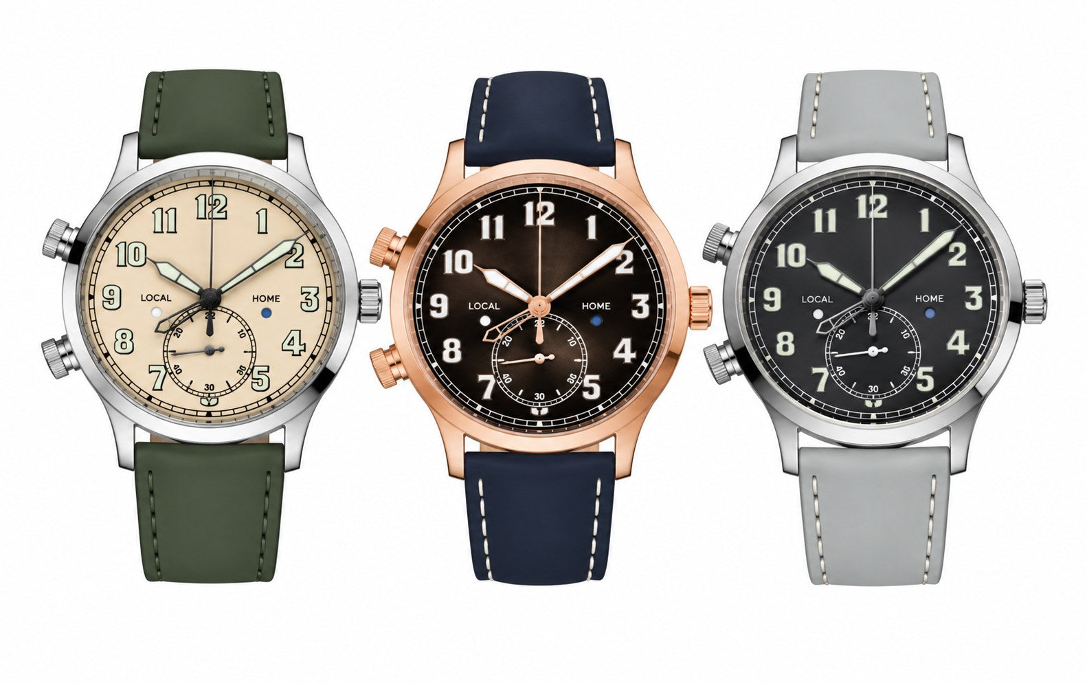 Patek Philippe Calatrava Pilot Travel Time on green, navy and grey rubber straps