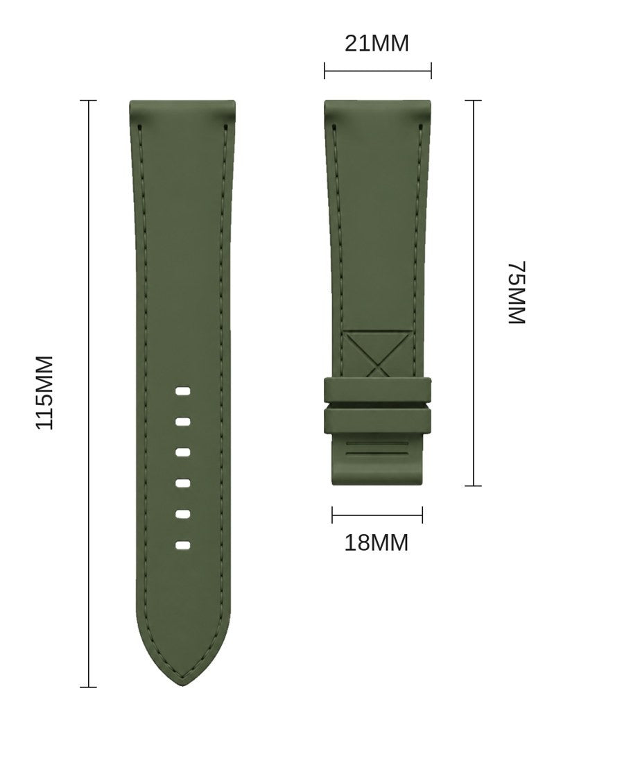 Watch strap sizing diagram showing 21mm lug width, 18mm buckle, 75mm short side, 115mm long side